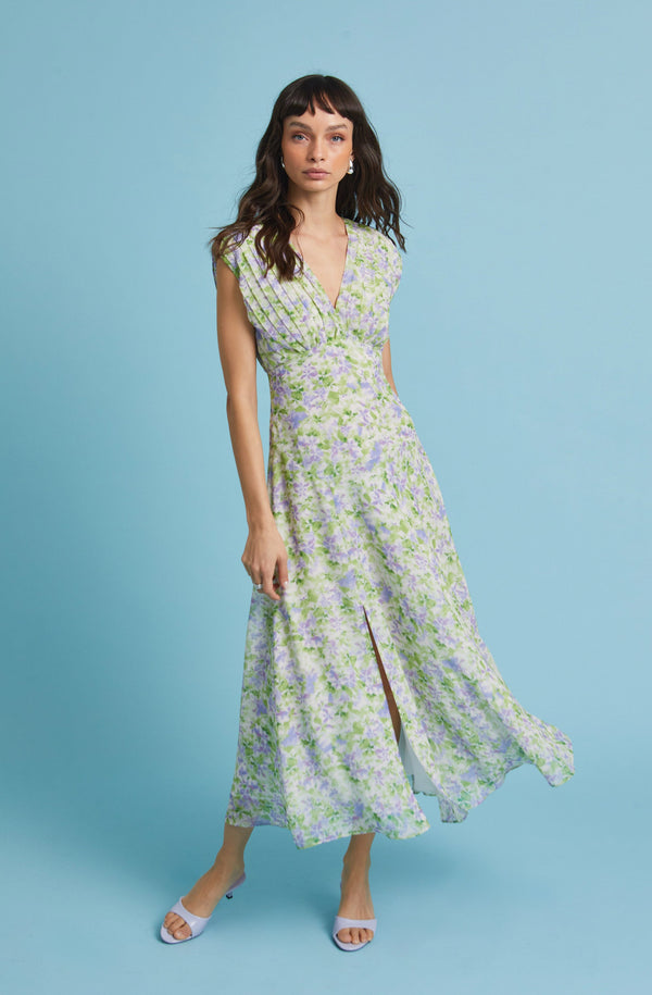 V-Neck Pleated Floral Midi Dress